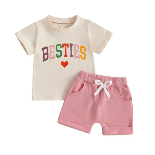 Baby Mädchen Kleidung BESTIES Tshirt + Shorts Babykleidnng Set Neugeborene Sommer Kurzarm Outfit mit Aufdruck (Beige, 0-6 Monate) von Beauace