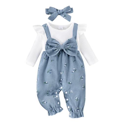 Baby Mädchen Strampler Neugeborene Langarm Bodysuit Schleife Blumen Druck Outfit Set Kleinkind Herbst Kleidung 0-6 Monate (Blau, 9-12 Monate) von Beauace