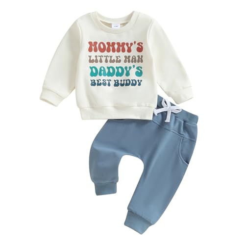 Babykleidung Set Baby Jungen MOMMY'S LITTLE MAH DADDY'S Outfit Langarm Sweatshirt + Hose Neugeborene Babyset (Beige, 6-12 Monate) von Beauace
