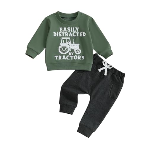 Babykleidung Set für Baby Jungen Neugeborene Outfits Langarmshirt + Hose Traktor Druck EASILY DISTRACTED BY TRACTORS Bekleidungsset Herbst Winter Babykleidung (Grün, 6-12 Monate) von Beauace