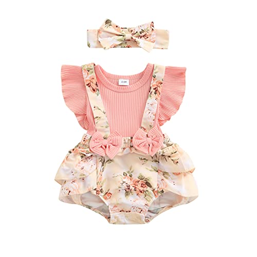 Beauace 2 Stück Baby Mädchen Sommer Kleidung Outfit Blumendruck Strampler + Stirnband Kleinkinder Body Kleid Rüschenärmel Schleife Babyset (Rosa, 12-18 Monate) von Beauace