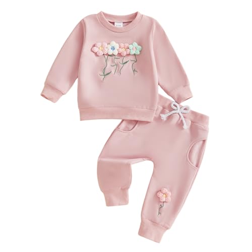 Beauace 2pcs Baby Mädchen Kleidung 3D Blumen Druck Outfit Langarm Shirt + Hose Neugeborene Babykleidung klinder Herbst Babyset (Rosa, 18-24 Monate) von Beauace