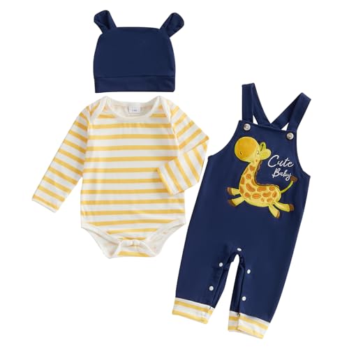 Beauace 3tlg Baby Mädchen Kleidung Langarm Gestreiftes Strampler + Latzhose mit Giraffenmuster + Babyhut Outfit Niedliche Bekleidungsset (Gelb, 6-9 Monate) von Beauace