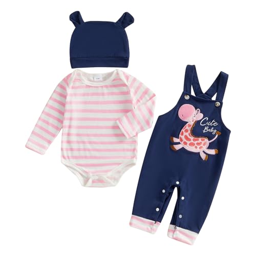 Beauace 3tlg Baby Mädchen Kleidung Langarm Gestreiftes Strampler + Latzhose mit Giraffenmuster + Babyhut Outfit Niedliche Bekleidungsset (Rosa, 0-3 Monate) von Beauace