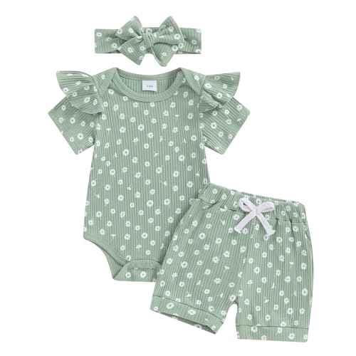Beauace 3tlg Baby Mädchen Sommer Kleidung Set Rüschen Kurzarm Strampler + Rüschen Shorts + Stirnband Babyset Weiche Neugeborene Ausgehen Outfit (Green Dandelion, 0-3 Months) von Beauace