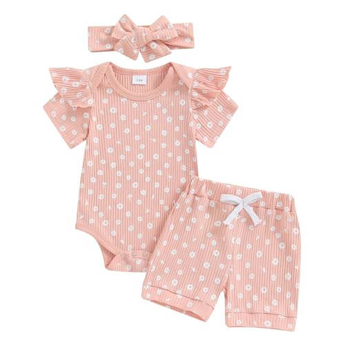 Beauace 3tlg Baby Mädchen Sommer Kleidung Set Rüschen Kurzarm Strampler + Rüschen Shorts + Stirnband Babyset Weiche Neugeborene Ausgehen Outfit (Pink Dandelion, 0-3 Months) von Beauace