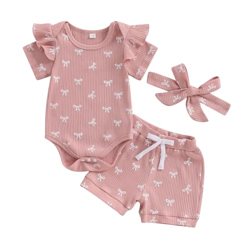 Beauace 3tlg Baby Mädchen Sommer Kleidung Set Rüschen Kurzarm Strampler + Rüschen Shorts + Stirnband Babyset Weiche Neugeborene Ausgehen Outfit (Rosa, 12-18 Monate) von Beauace