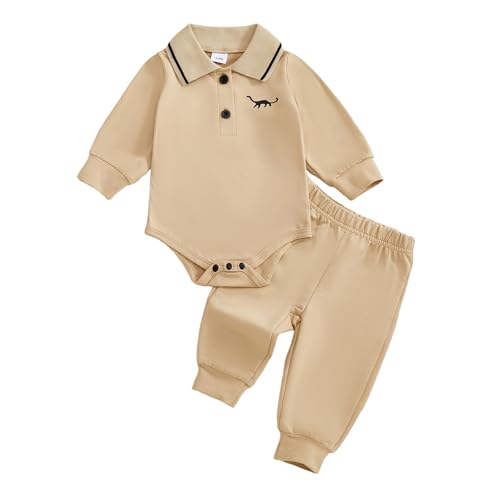 Beauace Baby Kleidung Jungen Dinosaurier Muster Langarm Strampler + Hose Outfits Neugeborene Body Babykleidung 0-6 Monate (ApriKose, 9-12 Monate) von Beauace