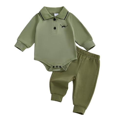 Beauace Baby Kleidung Jungen Dinosaurier Muster Langarm Strampler + Hose Outfits Neugeborene Body Babykleidung 0-6 Monate (Grün, 0-3 Monate) von Beauace