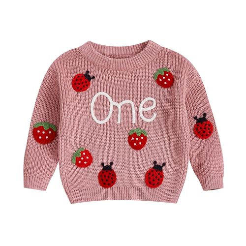 Beauace Baby Mädchen 1. Geburtstag Pullover Neugeborene Langarm Strickpullover Erdbeere Druck Pulli Kleinkinder Winter Kleidung (Rosa, 12-18 Months) von Beauace