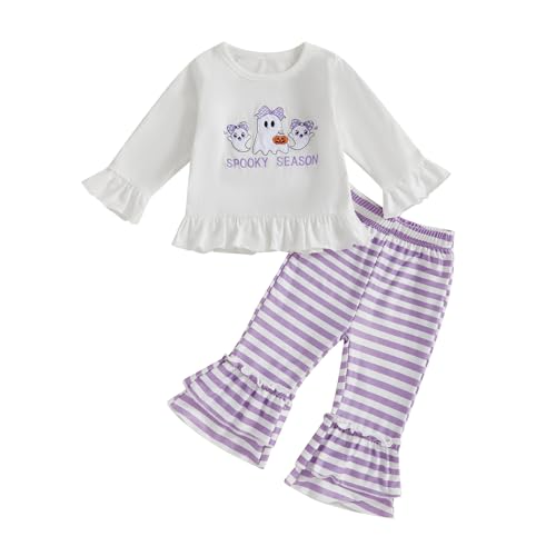 Beauace Baby Mädchen Halloween Outfit Kürbis Kleidung Langarm Sweatshirt + Schlaghose Neugeborene Kleinkinder Babyset (Purple, 12-18 Monate) von Beauace