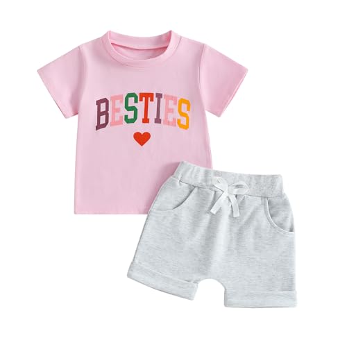 Beauace Baby Mädchen Kleidung BESTIES Tshirt + Shorts Babykleidnng Set Neugeborene Sommer Kurzarm Outfit mit Aufdruck (Grau, 18-24 Monate) von Beauace