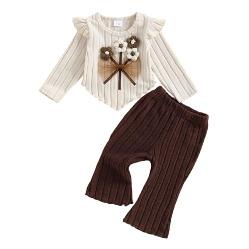 Beauace Baby Mädchen Kleidung Neugeborene Rüschen Langarmshirt + Hose Outfit 3D Blumen Druck Hosen Set Kleinkinder 2tlg Herbst Winter Süße Babykleidung (Khaki, 9-12 Monate) von Beauace