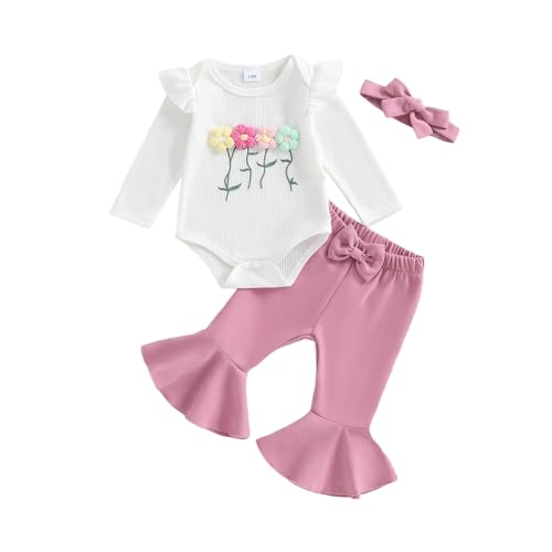 Beauace Baby Mädchen Kleidung Outfit 3D Blumen Druck Langarm Strampler + Schlaghose + Stirnband Schleifedruck Babykleidung Neugeborene Bekleidungsset für Baby-Mädchen (Weiß, 6-9 Monate) von Beauace