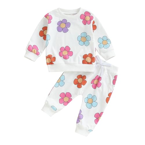 Beauace Baby Mädchen Kleidung Outfit Blumen/Schleife Druck Langarm Sweatshirt + Hose Set Neugeborene 2 Stück Rundhalsausschnitt Babyset (Multi-color, 0-6 Monate) von Beauace