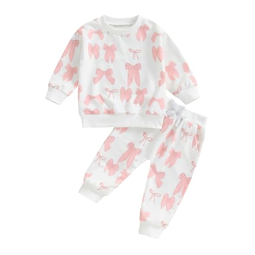 Beauace Baby Mädchen Kleidung Outfit Blumen/Schleife Druck Langarm Sweatshirt + Hose Set Neugeborene 2 Stück Rundhalsausschnitt Babyset (Pink, 6-12 Monate) von Beauace