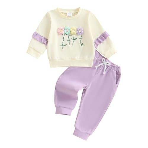 Beauace Baby Mädchen Kleidung Set Langarm Outfit Sweatshirt + Hose 3D Blumen Druck Babykledung Bekleidungssets für Baby-Mädchen (Lila, 3-4 Jahre) von Beauace