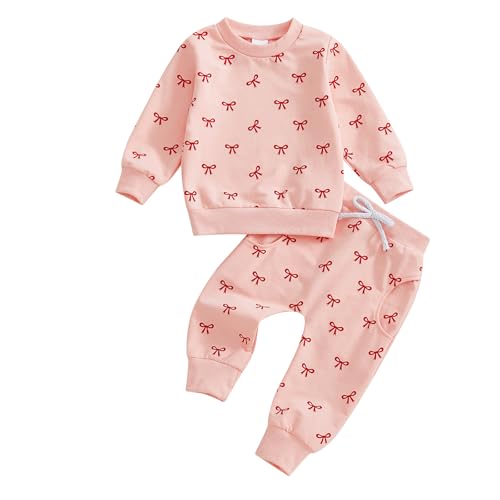 Beauace Baby Mädchen Kleidung Set Schleife Druck Langarm Sweatshirt + Hose Neugeborene Outfit Kleinkinder Zweiteiler Herbst Winter Babykleidung (Rosa, 6-12 Monate) von Beauace