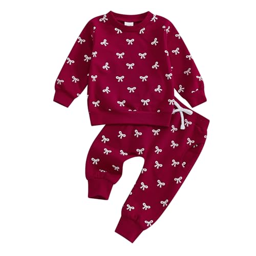 Beauace Baby Mädchen Kleidung Set Schleife Druck Langarm Sweatshirt + Hose Neugeborene Outfit Kleinkinder Zweiteiler Herbst Winter Babykleidung (Rot, 12-18 Monate) von Beauace