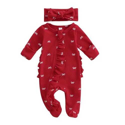 Beauace Baby Mädchen Kleidung Strampler Langarm Babybody mit Reißverschluss + Stirnband Neugeborene Outfit Schleifedruck Babykleidung (Rot, 0-3 Monate) von Beauace