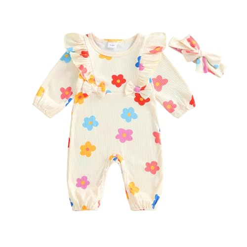 Beauace Baby Mädchen Kleidung Strampler Neugeborene Outfit Blumendruck langarm Babybody Overall mit Schleife + Strinband Herbst Babykleidung (Gelb, 3-6 Monate) von Beauace