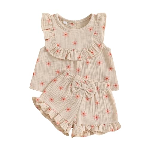 Beauace Baby Mädchen Musselin Kleidungset Kurzarm Oberteil+ Shorts Rüschen Babysets Schleife und Blumenmuster Bekleidungssets für Neuergeborene (Khaki, 2-3 Jahre) von Beauace