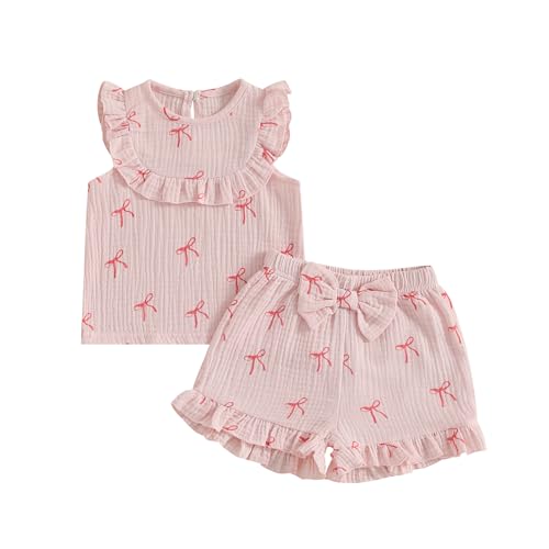 Beauace Baby Mädchen Musselin Kleidungset Kurzarm Oberteil+ Shorts Rüschen Babysets Schleife und Blumenmuster Bekleidungssets für Neuergeborene (Rosa, 6-12 Monate) von Beauace
