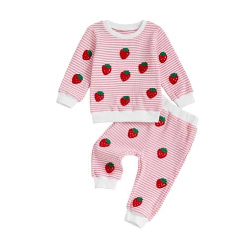 Beauace Baby Mädchen Outfit 2 Stücke Kleidung Set Erdbeere Streifen Druck Langarm Sweatshirt + Hose Bekleidungssets Für Baby-Mädchen (Rosa, 6-12 Monate) von Beauace