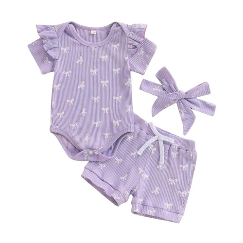 Beauace 3tlg Baby Mädchen Sommer Kleidung Set Rüschen Kurzarm Strampler + Rüschen Shorts + Stirnband Babyset Weiche Neugeborene Ausgehen Outfit (Lila, 3-6 Monate) von Beauace