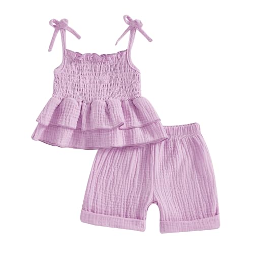 Beauace Baby Mädchen Sommer Musselin Kleidung Set Camisole Oberteil + Shorts Kleinkinder Outfits Niedliche einfarbige Babyset für Neuergeboren (Lila, 6-12 Monate) von Beauace