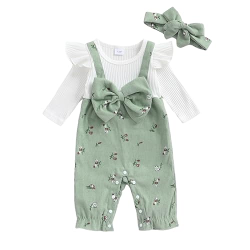 Beauace Baby Mädchen Strampler Neugeborene Langarm Bodysuit Schleife Blumen Druck Outfit Set Kleinkind Herbst Kleidung 0-6 Monate (Grün, 6-9 Monate) von Beauace