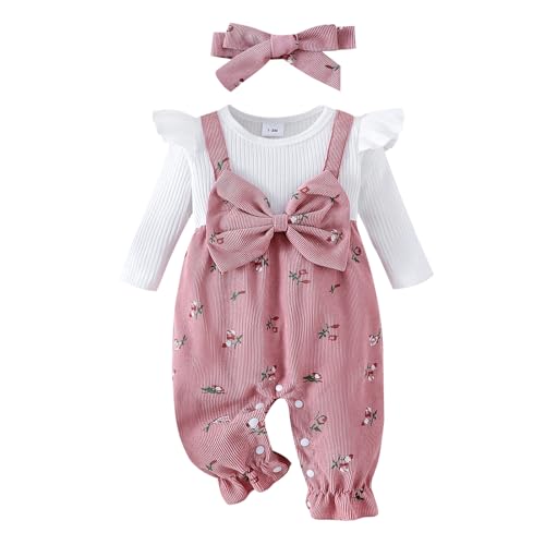 Beauace Baby Mädchen Strampler Neugeborene Langarm Bodysuit Schleife Blumen Druck Outfit Set Kleinkind Herbst Kleidung 0-6 Monate (Rosa, 9-12 Monate) von Beauace