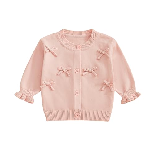 Beauace Baby Mädchen Strickjacke mit Knöpfen 3D Schleifen Druck Pullover Rundhalsausschnitt Strickpullover Weiche Winter Babykleidung (Rosa, 0-6 Months) von Beauace