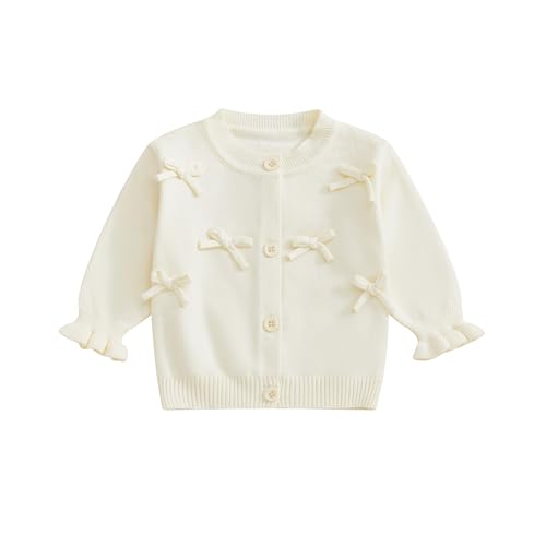 Beauace Baby Mädchen Strickjacke mit Knöpfen 3D Schleifen Druck Pullover Rundhalsausschnitt Strickpullover Weiche Winter Babykleidung (Weiß, 0-6 Months) von Beauace