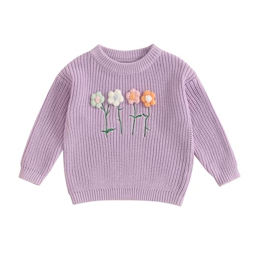 Beauace Baby Mädchen Strickpullover Neugeborenen 3D Blumendruck Gestrickt Pullover Kleinkind Rundhalspullover mit Langen Ärmeln Herbst Winter Kleidung (Lila, 0-3 Months) von Beauace