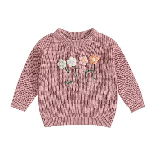Beauace Baby Mädchen Strickpullover Neugeborenen 3D Blumendruck Gestrickt Pullover Kleinkind Rundhalspullover mit Langen Ärmeln Herbst Winter Kleidung (Rosa, 12-18 Months) von Beauace