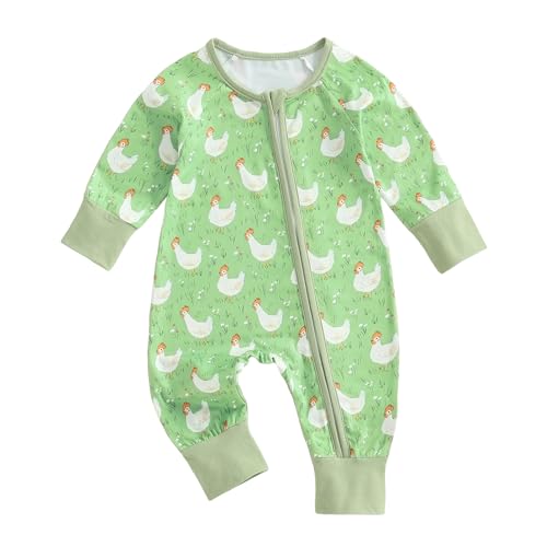 Beauace Baby Strampler Mädchen Neugeborene Langaarm Schlafanzug Hühnerdruck Schlafstrampler Kleinkind Overall Pyjam mit Reißverschluss (Grün, 6-12 Months) von Beauace