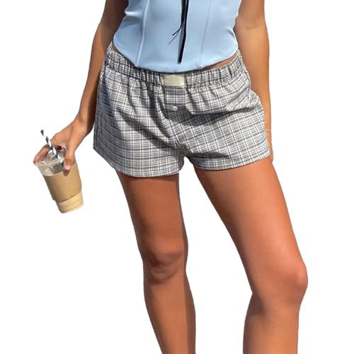 Beauace Damen Lounge Shorts Y2k Low Rise Plaid Print Knopfleiste vorne Pyjamahose Boxershorts elastische Taille Boxer Streetwear (Dunkelgrau, S) von Beauace