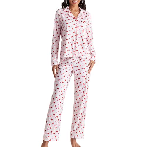 Beauace Damen Pyjama Set aus Satin langärmelig Oberteil mit Hose 2 teiliges Nachtwäsche Set mit Knöpfen (Red Pink, S) von Beauace