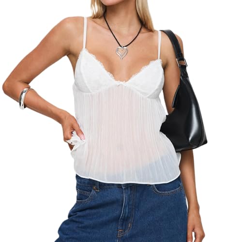Beauace Damen Tops V-Ausschnitt Sommer Transparentes Tank Top Ärmelloses Spaghetti Oberteil Rückenfrei Trägertop (Weiß, S) von Beauace