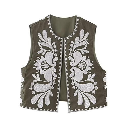 Beauace Damen Vintage bestickte Blumenweste Top Y2K Retro National Open Front ärmellose Boho Slim Fit Hemdbluse Mode Häkelblumen Cardigan Crop Weste (Grün und Weiß, XS) von Beauace