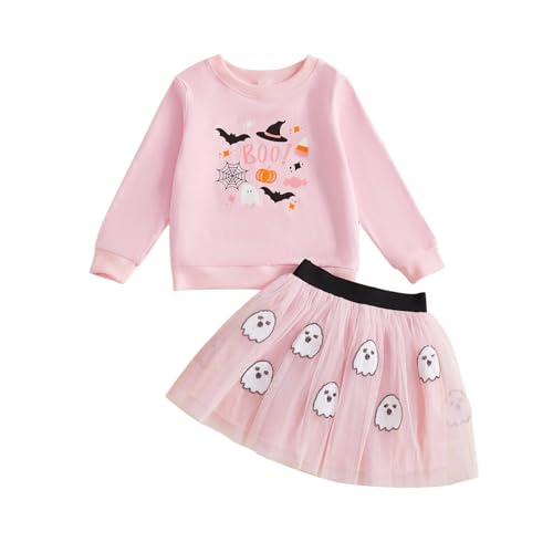 Beauace Kleinkind Mädchen Halloween Outfit Geist Hexe Druck Langarmshirt + Tutu Rock Kleidung Set Herbst Winter Pullover Kleid Outfits (Rosa, 1-2 Jahre) von Beauace