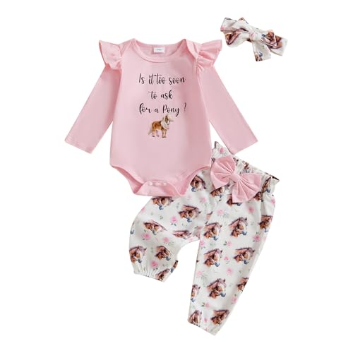 Beauace Neugeborene Baby Mädchen Kleidung Langarm Strampler + Hose Outfits Kleinkind Babykleidung Set Niedliche Ponydruck Babyset (Rosa, 3-6 Monate) von Beauace