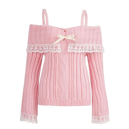 Beauace Schulterfreier Damen Pullover mit Spitzenbesatz Y2K Kawaii Langarmpullover sexy Winterpullover süße Strickoberteile mit Schleife (Rosa, L) von Beauace