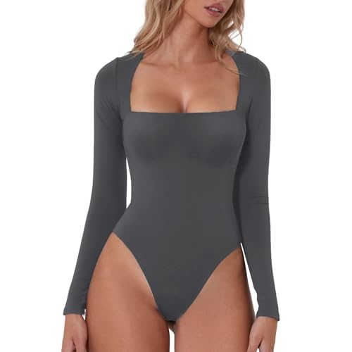 Beauace Skims Dupe Sexy Damen Body mit quadratischem Ausschnitt langärmelig einteiliger Shapewear Body Bauchkontrolle Tanga Outfit (Dunkelgrau, M) von Beauace