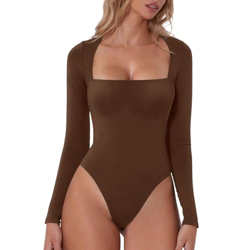 Beauace Skims Dupe Sexy Damen Body mit quadratischem Ausschnitt langärmelig einteiliger Shapewear Body Bauchkontrolle Tanga Outfit (Kaffee, S) von Beauace