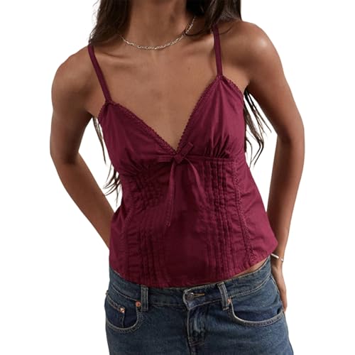 Beauace Tank Top Damen Sommer V-Ausschnitt Trägertop Y2k sexy Spaghetti Oberteil Ärmelloses Crop Tops (Claret, M) von Beauace