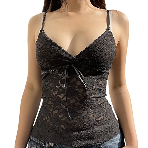 Beauace Y2k Tops mit floraler Spitze ärmelloses verstellbares Spaghettiträger Tanktop rückenfreies Camisole Top für Damen zum Ausgehen (Schwarz, S) von Beauace