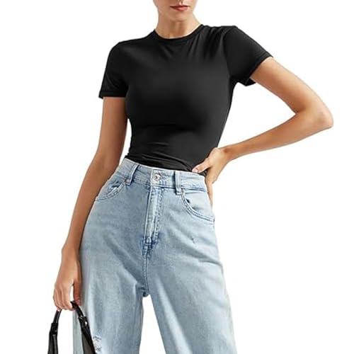 Damen Ausgehen Skims Dupe Basic Crop Top Kurzarm Y2K Solid Slim Fit T-Shirt Rundhalsshirt Streetwear Club Party (Schwarz, L) von Beauace