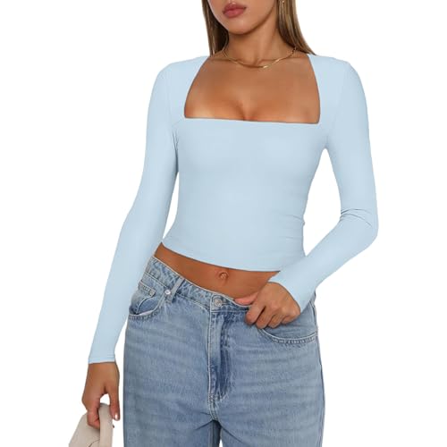 Damen Ausgehen Basic Crops Top Langarm Y2K Solid Slim Fit T-Shirt Square Neck Shirt Streetwear Club Party (01 Himmelblau, S) von Beauace